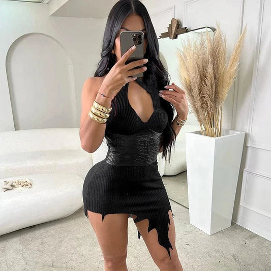 Bomblook K23DS635 2024 Spring Sexy Outfits Halter Dress For Women PU Leather Mini Bodycon Dress Irregular Dresses
