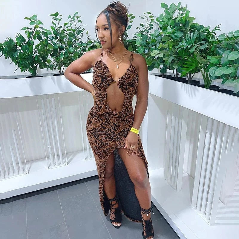 Bomblook K23DS659 2024 Spring Sleeveless Slim Holiday Dress Club Dress Hollow Out Halter Maxi Patchwork Ruffle Dress