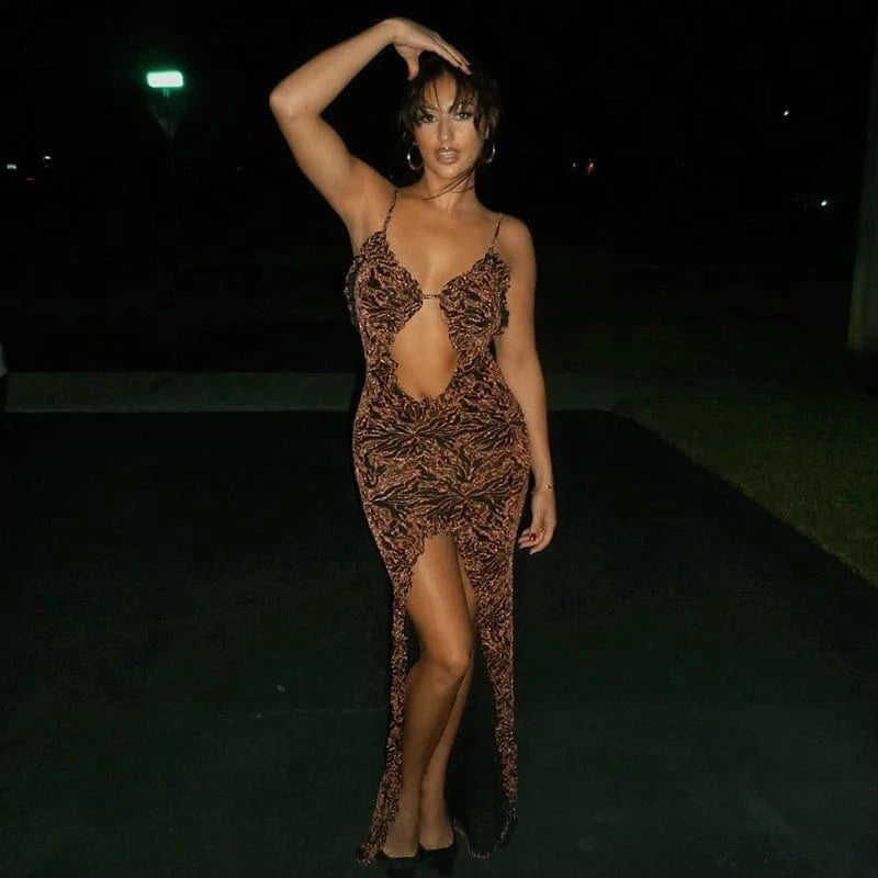 Bomblook K23DS659 2024 Spring Sleeveless Slim Holiday Dress Club Dress Hollow Out Halter Maxi Patchwork Ruffle Dress