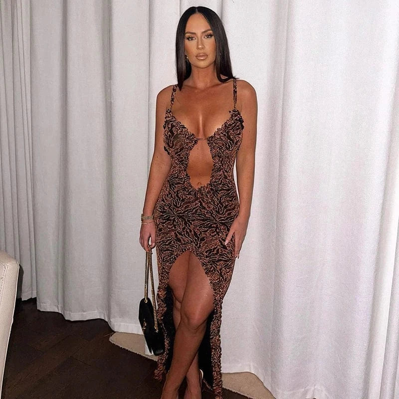 Bomblook K23DS659 2024 Spring Sleeveless Slim Holiday Dress Club Dress Hollow Out Halter Maxi Patchwork Ruffle Dress