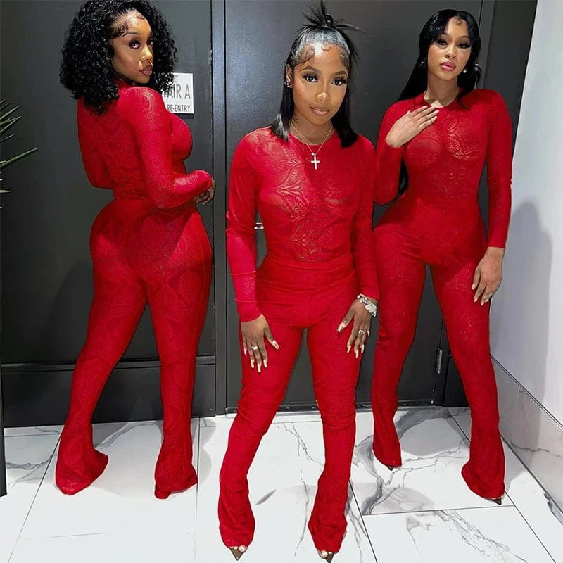 Bomblook K23ST370 Autumn Sexy Bodysuit Two Piece Flare Pants Set Sets For Women Two Pieces Lace Sweat Suits