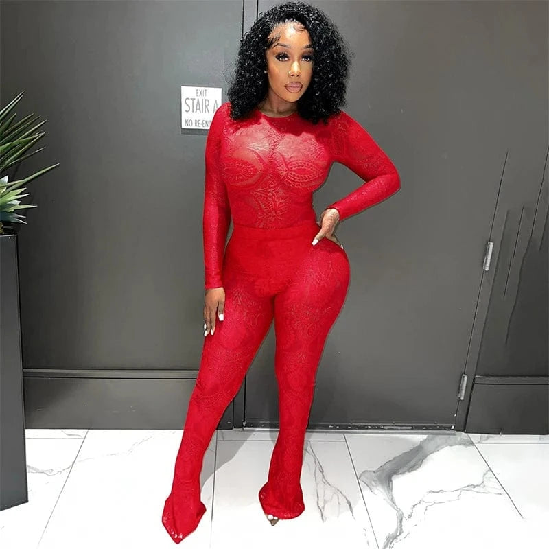 Bomblook K23ST370 Autumn Sexy Bodysuit Two Piece Flare Pants Set Sets For Women Two Pieces Lace Sweat Suits