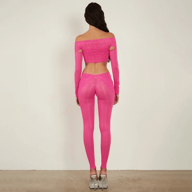 Bomblook K23ST595 2024 Spring Lace Off Shoulder Sexy 2 Piece Set Women Women Patchwork Pants Set Loungewear Set