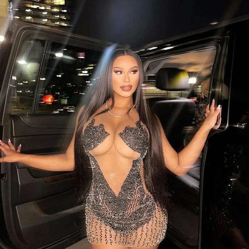 Bomblook K24DS010 Summer New Outfits Ladies Evening Women's Sleeveless Rhinestone Dresses Sexy Mini See Through Party Dress 2024