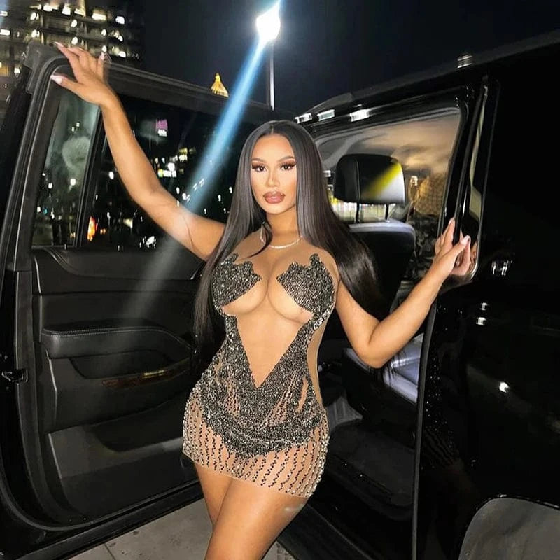 Bomblook K24DS010 Summer New Outfits Ladies Evening Women's Sleeveless Rhinestone Dresses Sexy Mini See Through Party Dress 2024