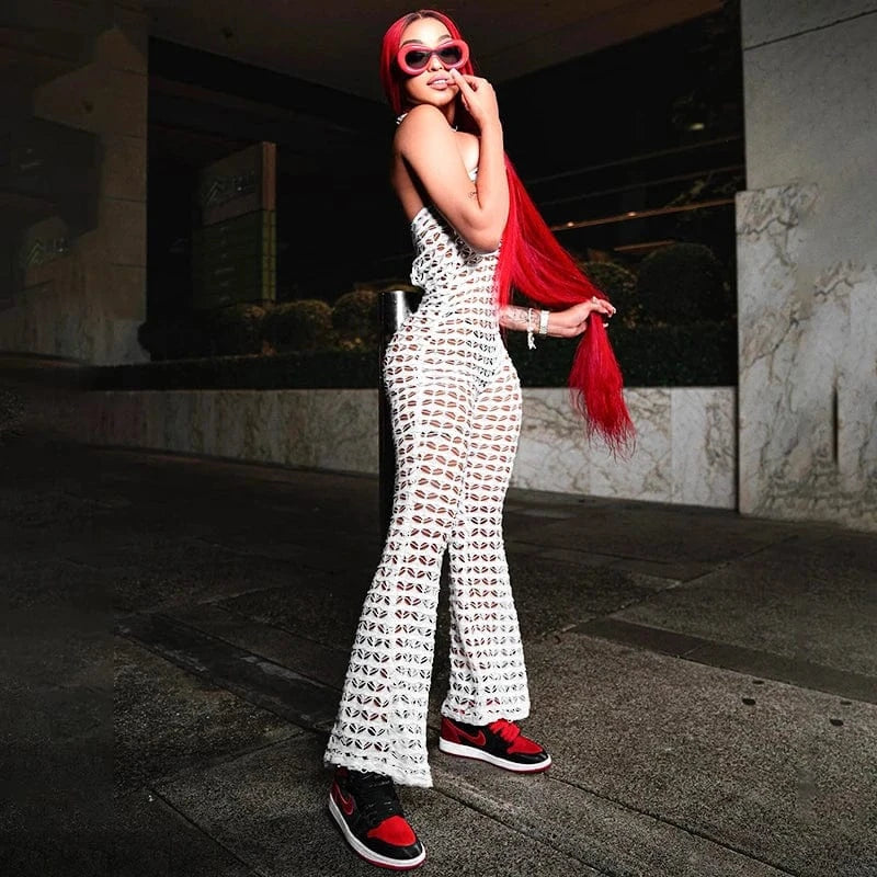 Bomblook K24JP047 Cut Out Sexy Knit Solid Halter One Piece Jumpsuit Women 2024 Summer Sleeveless Trends Women Jumpsuits