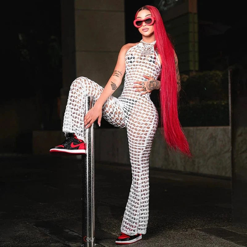 Bomblook K24JP047 Cut Out Sexy Knit Solid Halter One Piece Jumpsuit Women 2024 Summer Sleeveless Trends Women Jumpsuits