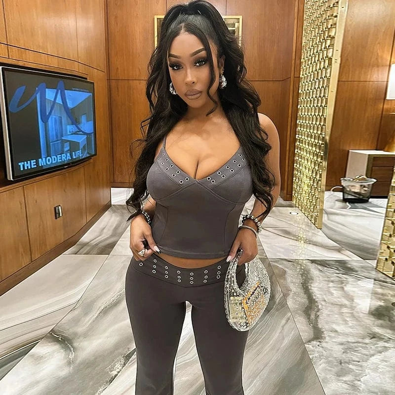 Bomblook K24ST096 Summer Fashion Solid Color Tank Top With High Waist Pants Cut Out Sexy New Design Two Piece Set Shapewear