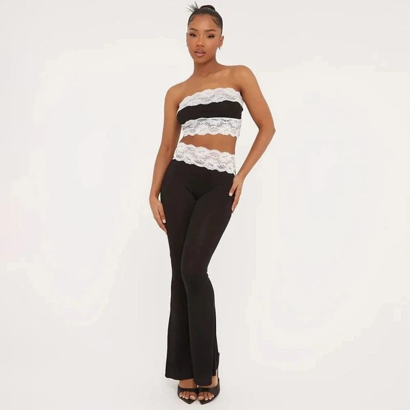 Bomblook K24ST104 Summer Lounge wear Casual Strapless Lace Tube Top With Lace Pants Ladies Suit Women 2 Piece Set Women 2024