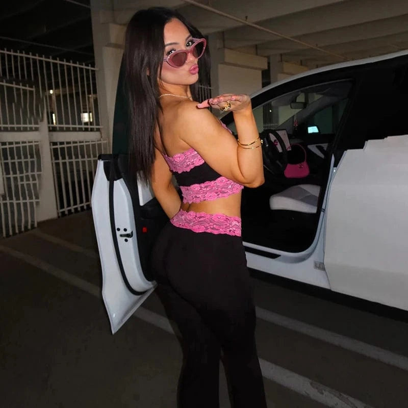 Bomblook K24ST104 Summer Lounge wear Casual Strapless Lace Tube Top With Lace Pants Ladies Suit Women 2 Piece Set Women 2024