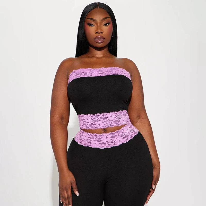 Bomblook K24ST104 Summer Lounge wear Casual Strapless Lace Tube Top With Lace Pants Ladies Suit Women 2 Piece Set Women 2024