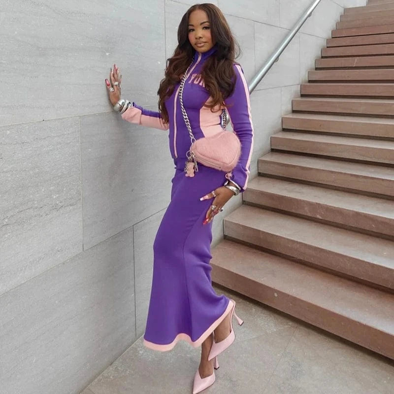 Bomblook K24ST400 Women Tracksuit Autumn New Letter Print Long Sleeve Zip Up Slim Tops Long Skirts Set Casual 2 Piece Set