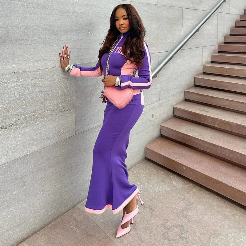 Bomblook K24ST400 Women Tracksuit Autumn New Letter Print Long Sleeve Zip Up Slim Tops Long Skirts Set Casual 2 Piece Set