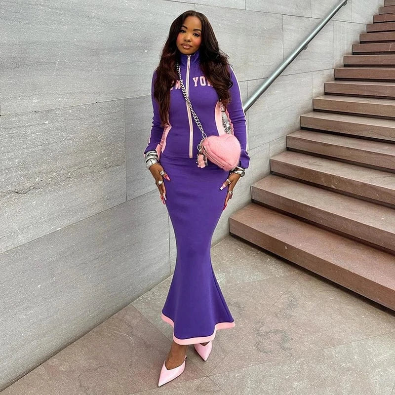 Bomblook K24ST400 Women Tracksuit Autumn New Letter Print Long Sleeve Zip Up Slim Tops Long Skirts Set Casual 2 Piece Set