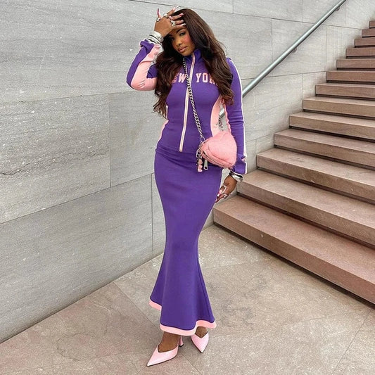 Bomblook K24ST400 Women Tracksuit Autumn New Letter Print Long Sleeve Zip Up Slim Tops Long Skirts Set Casual 2 Piece Set
