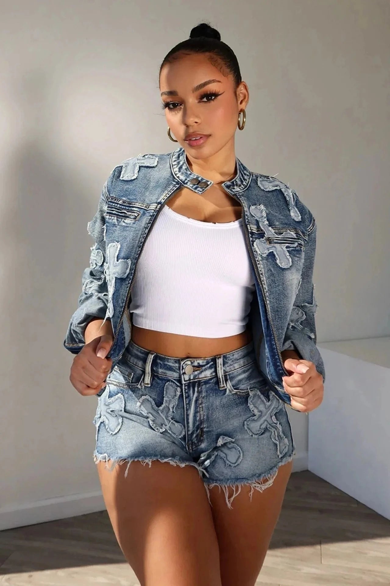 Bomblook L227ST Embroidery Crisscross Outfits Stretchy Jacket Wish Shorts Suit Women Streetwear Suit Women Two Piece Set 2024