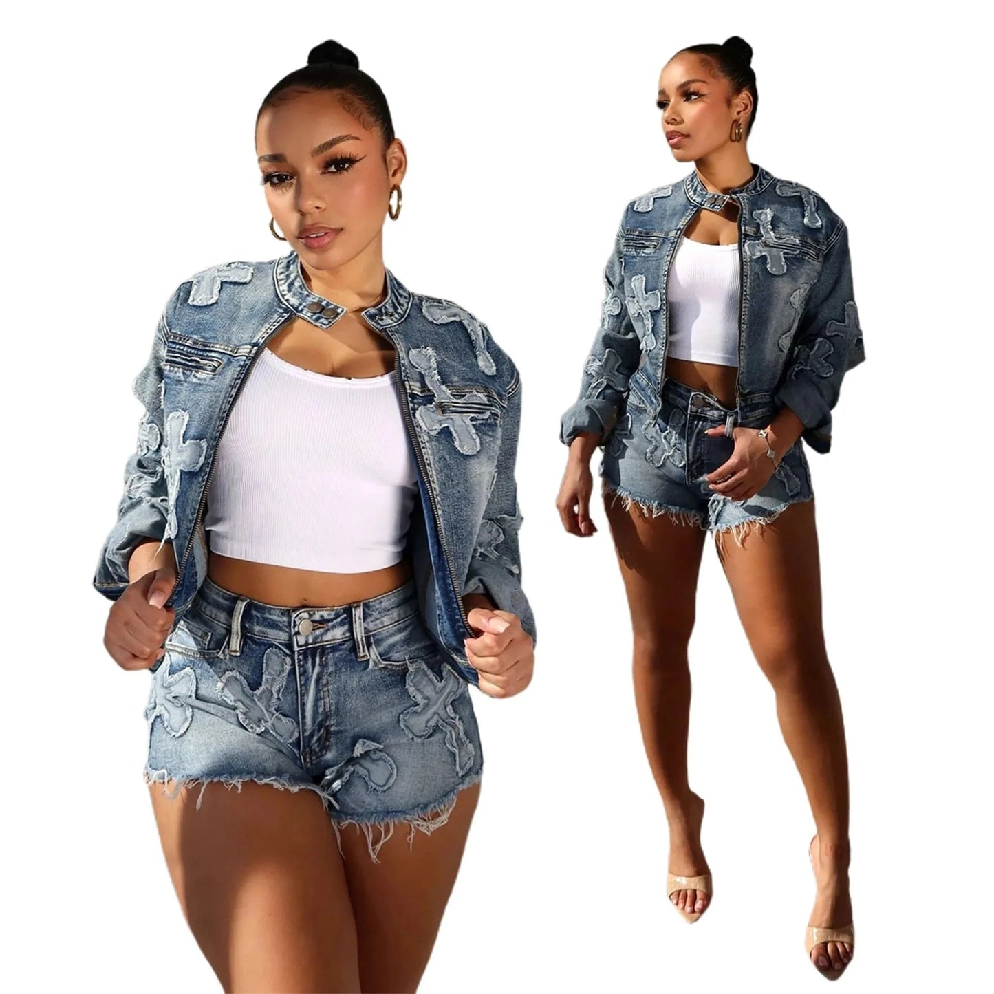 Bomblook L227ST Embroidery Crisscross Outfits Stretchy Jacket Wish Shorts Suit Women Streetwear Suit Women Two Piece Set 2024