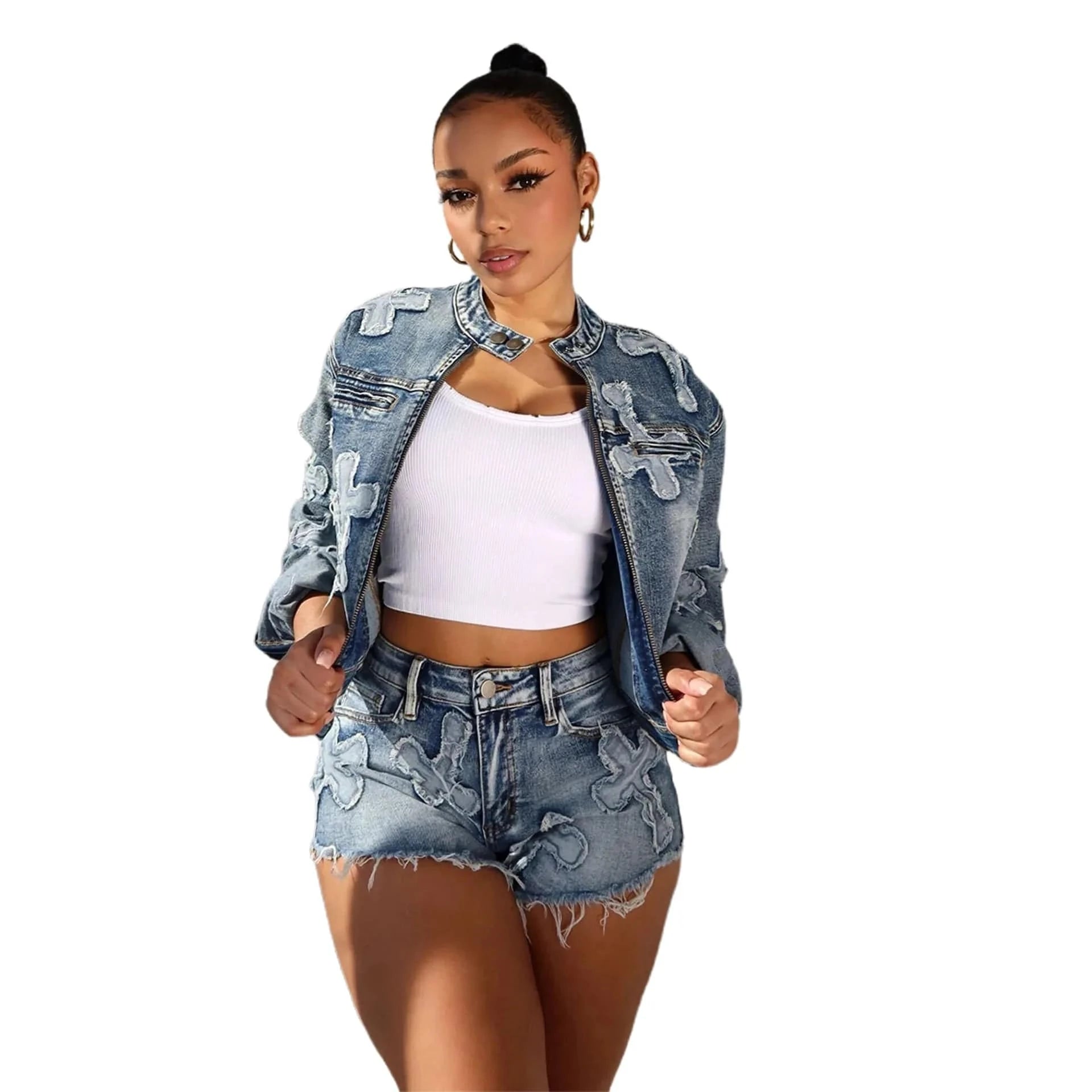 Bomblook L227ST Embroidery Crisscross Outfits Stretchy Jacket Wish Shorts Suit Women Streetwear Suit Women Two Piece Set 2024