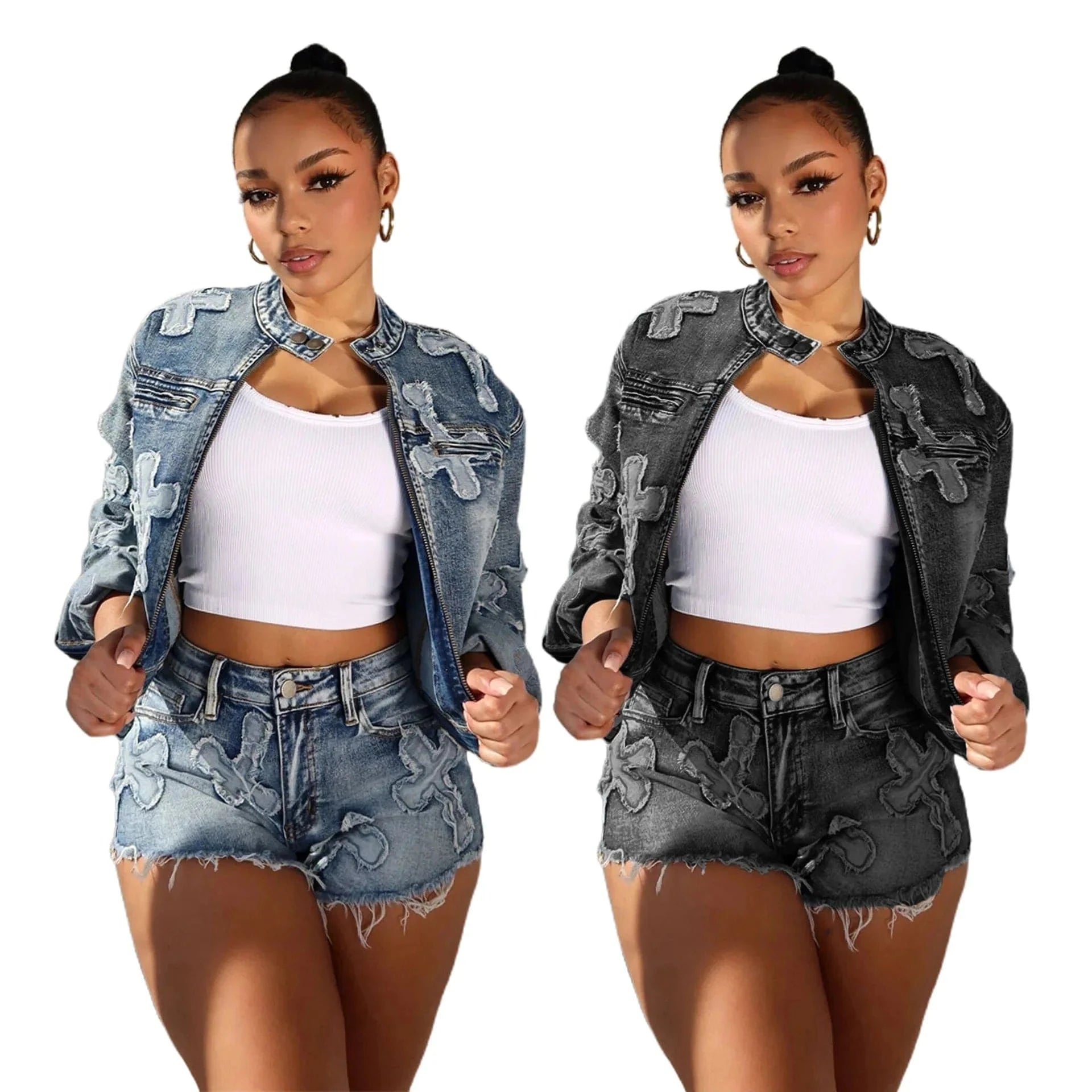 Bomblook L227ST Embroidery Crisscross Outfits Stretchy Jacket Wish Shorts Suit Women Streetwear Suit Women Two Piece Set 2024