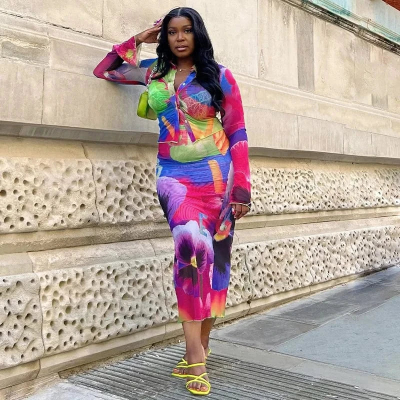 Bomblook L319ST Elegant Outfits Party Breasted Shirt Top Two Piece Set Loungewear Women Sets Women 2024 Two Piece Midi Skirt Set