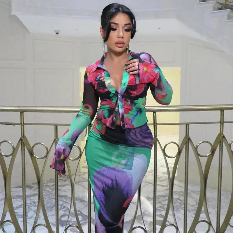 Bomblook L319ST Elegant Outfits Party Breasted Shirt Top Two Piece Set Loungewear Women Sets Women 2024 Two Piece Midi Skirt Set