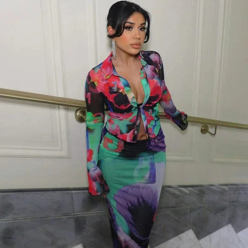 Bomblook L319ST Elegant Outfits Party Breasted Shirt Top Two Piece Set Loungewear Women Sets Women 2024 Two Piece Midi Skirt Set