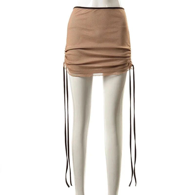 Bomblook M21SK176 Sexy Mesh Women Mini Skirt 2024 New Arrival Side Stacked Bandage Solid Color Skinny Skirt Streetwear