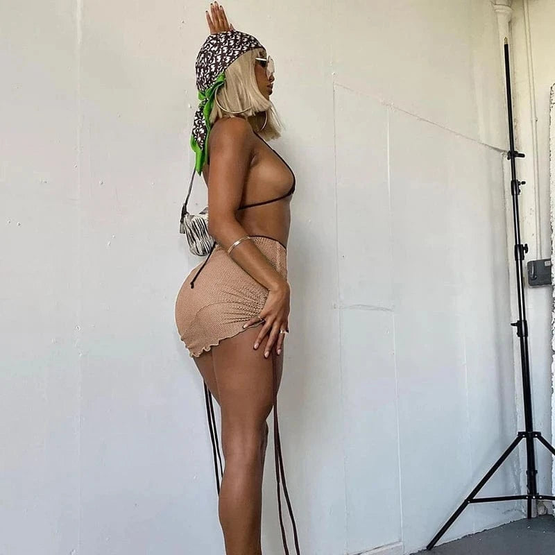 Bomblook M21SK176 Sexy Mesh Women Mini Skirt 2024 New Arrival Side Stacked Bandage Solid Color Skinny Skirt Streetwear