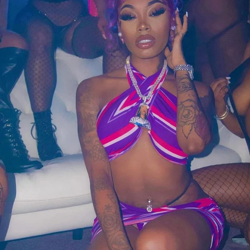 Bomblook  M21ST159  Sexy Halter  Women  Two Piece  Set 2024 New  Arrival  Spring And Summer Printed Halter Halter Short Top