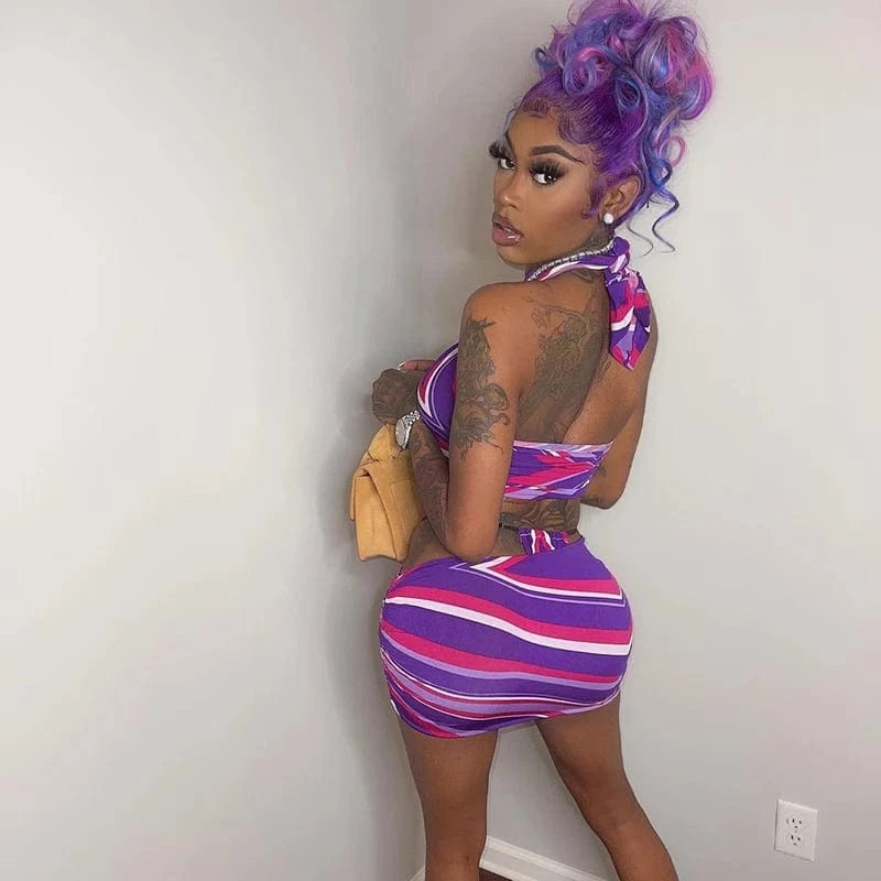 Bomblook  M21ST159  Sexy Halter  Women  Two Piece  Set 2024 New  Arrival  Spring And Summer Printed Halter Halter Short Top