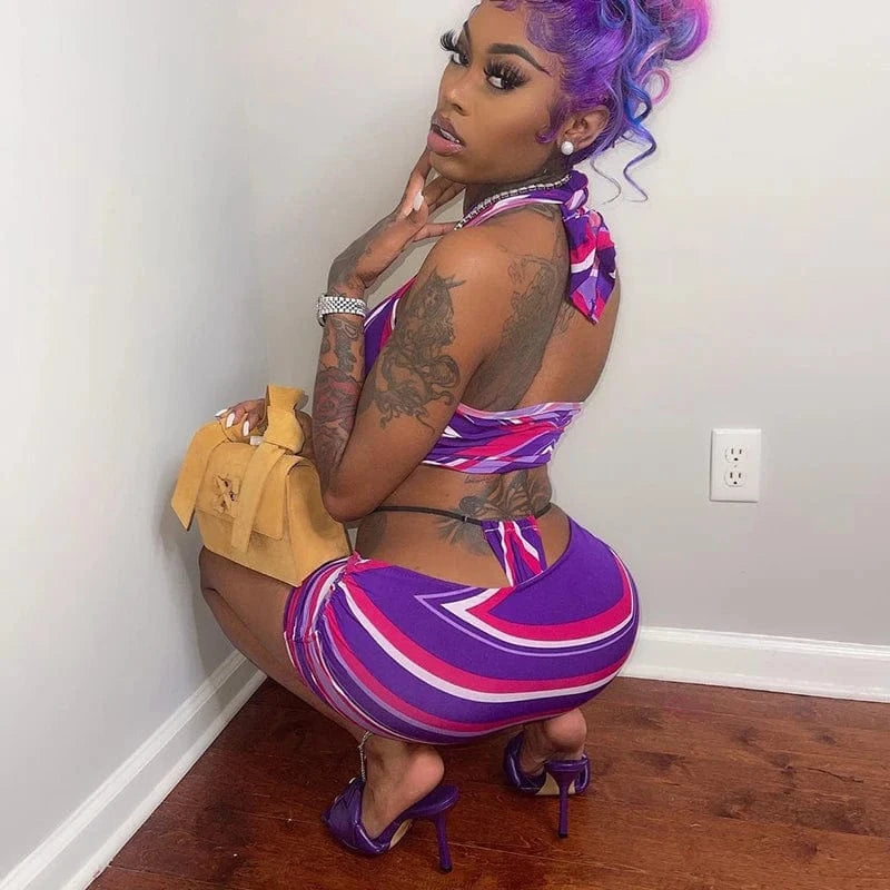 Bomblook  M21ST159  Sexy Halter  Women  Two Piece  Set 2024 New  Arrival  Spring And Summer Printed Halter Halter Short Top