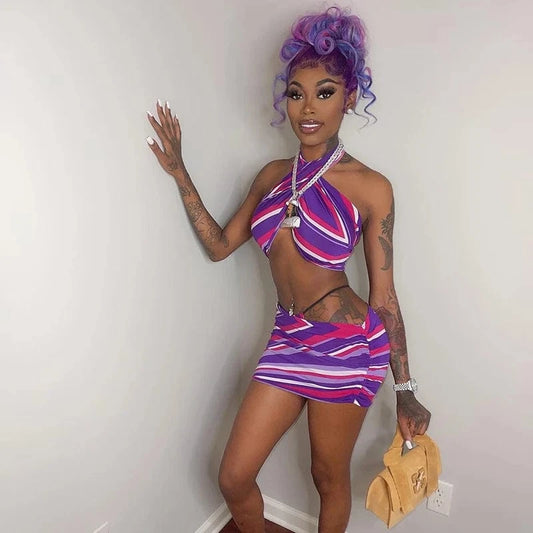 Bomblook  M21ST159  Sexy Halter  Women  Two Piece  Set 2024 New  Arrival  Spring And Summer Printed Halter Halter Short Top