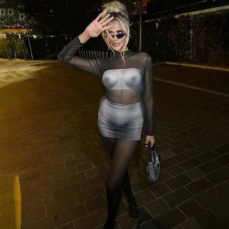 Bomblook M23DS640 2024 Spring Sexy Outfits Dress For Women New Fashion Sheer Mini Bodycon Dress With Body Print Dresses