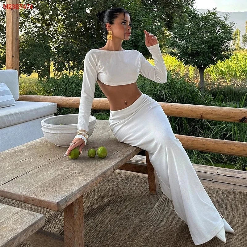 Bomblook M23ST474 Autumn Crop Backless Long Sleeve Skirt Set Two Piece Set Women Clothing Loungewear Women Sets