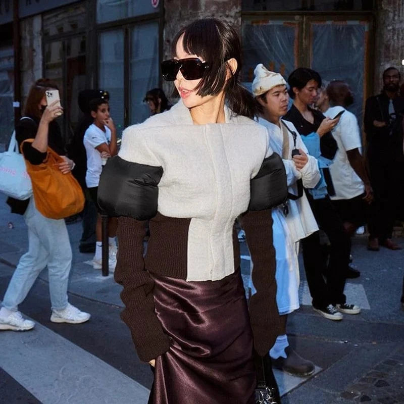 Bomblook M23TP672 2024 Woolen Newfashionable Street Patchwork Drop Waist Jacket Rib Knit Jacket Spring Jacket