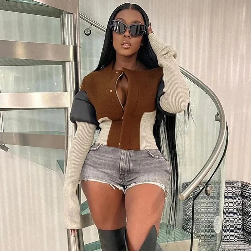 Bomblook M23TP672 2024 Woolen Newfashionable Street Patchwork Drop Waist Jacket Rib Knit Jacket Spring Jacket