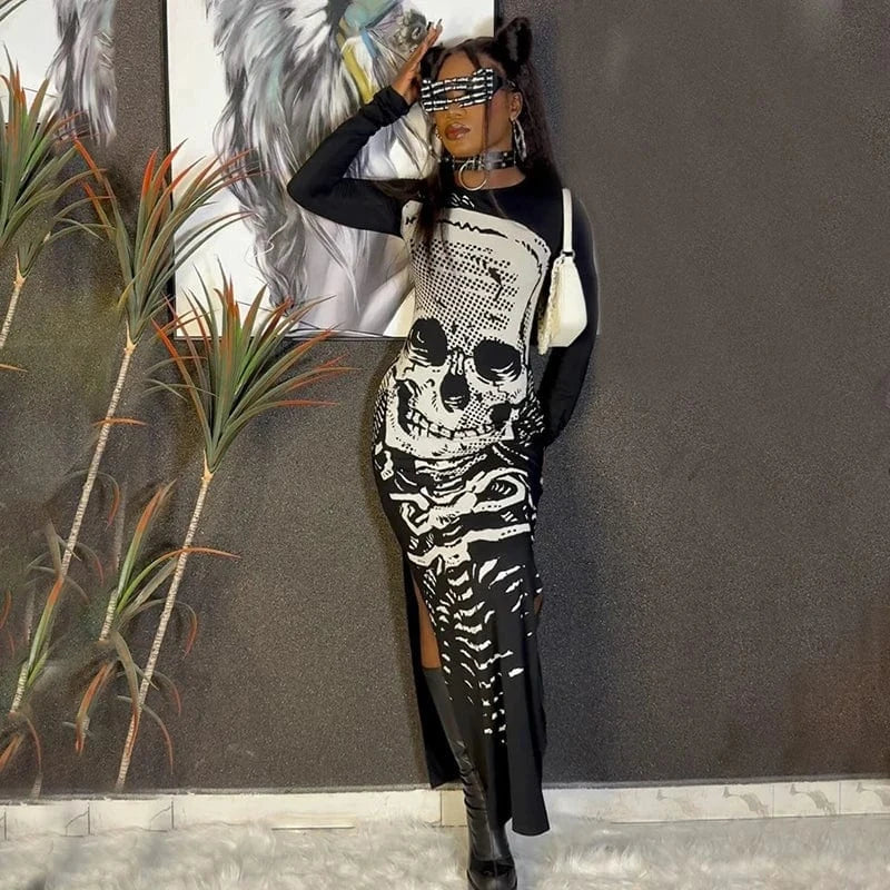Bomblook Q23DS632 Contrast Color Gothic Style Fashion Printed Slim Outfits Fit 2024 Spring Outfits Lady Elegant Slit Maxi Dress