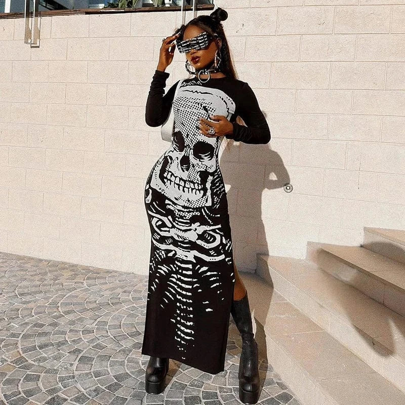 Bomblook Q23DS632 Contrast Color Gothic Style Fashion Printed Slim Outfits Fit 2024 Spring Outfits Lady Elegant Slit Maxi Dress