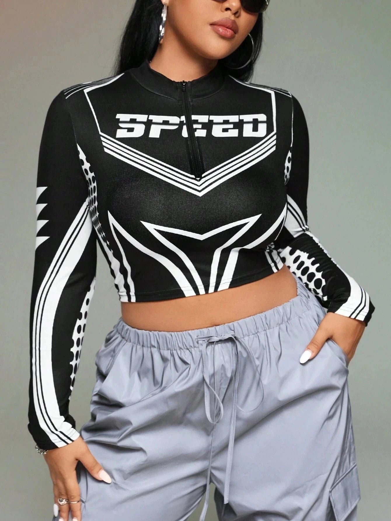 Bomblook Q23TP624 2024 Spring Motor Print Sexy Zipper Crop Top Women Streetwear Ladies Casual Y2K Patchwork Top