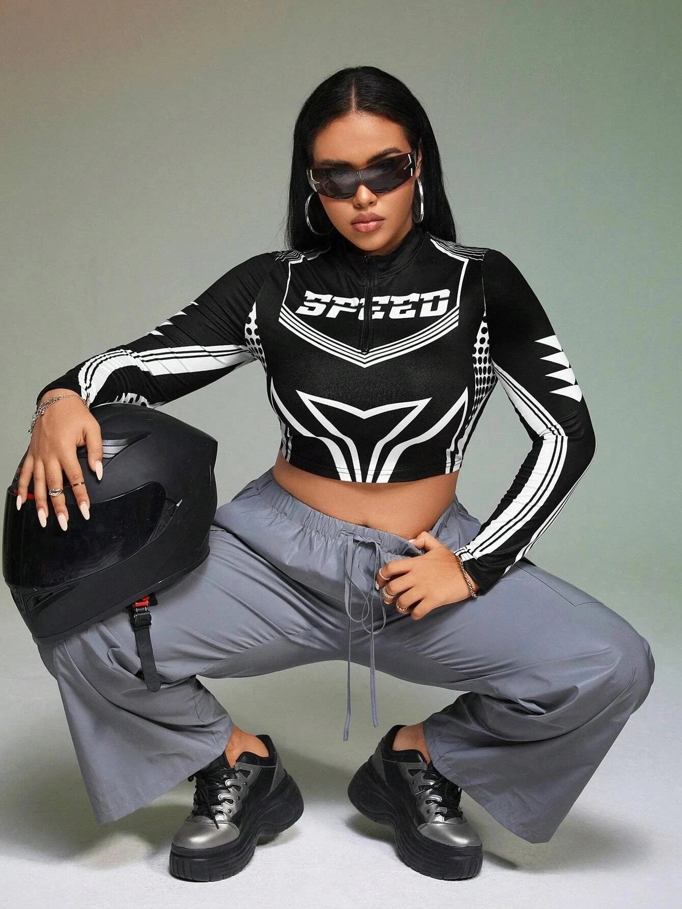 Bomblook Q23TP624 2024 Spring Motor Print Sexy Zipper Crop Top Women Streetwear Ladies Casual Y2K Patchwork Top