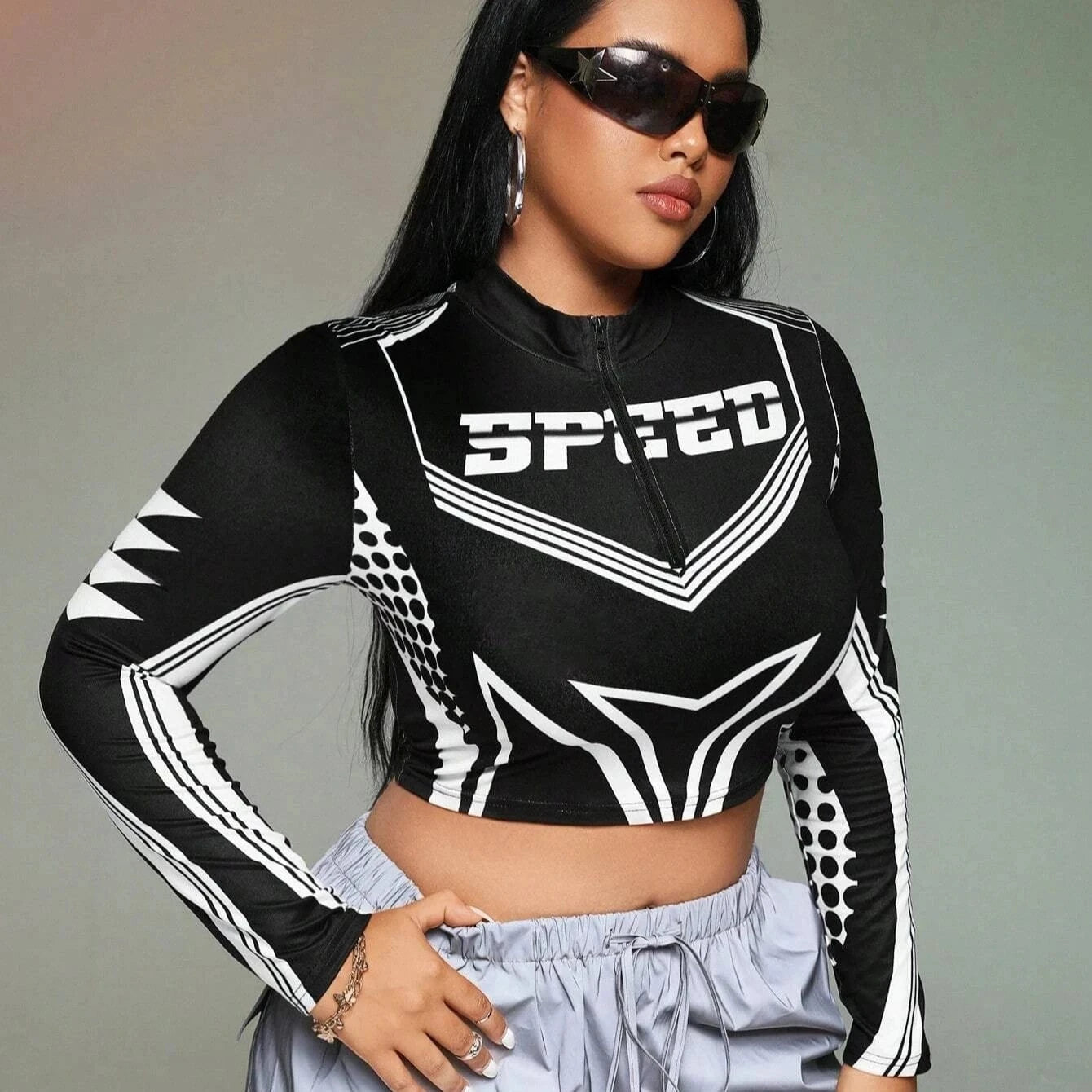 Bomblook Q23TP624 2024 Spring Motor Print Sexy Zipper Crop Top Women Streetwear Ladies Casual Y2K Patchwork Top