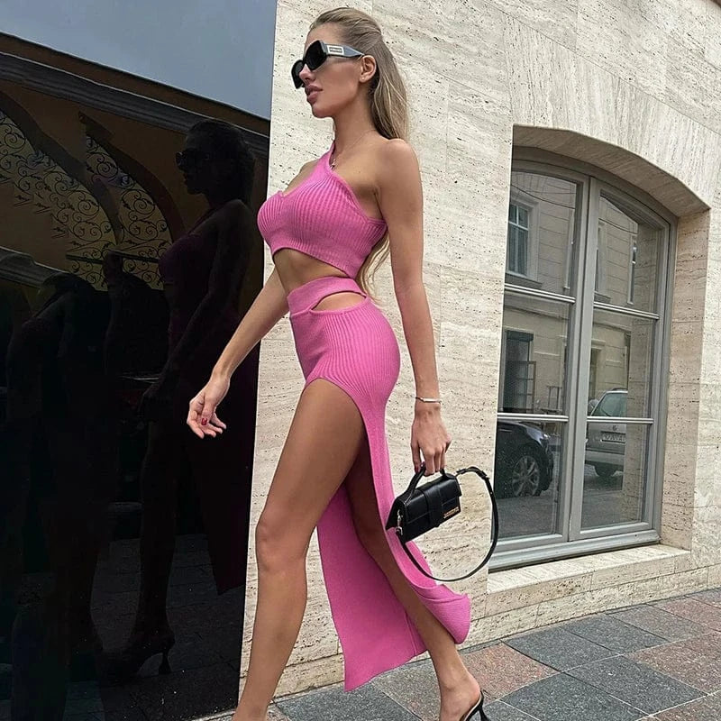 Bomblook R21ST449 Summer Vacationwear Outfit Sleeveless Crop Top Irregular Maxi Skirt Solid Color Ribber Two Piece Set Women