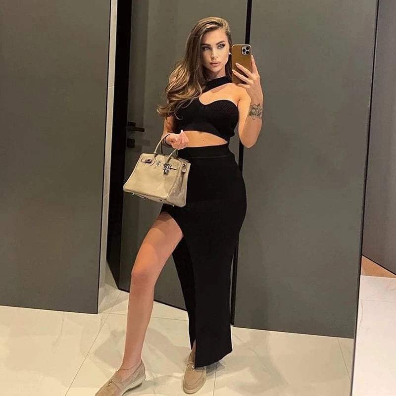 Bomblook R21ST449 Summer Vacationwear Outfit Sleeveless Crop Top Irregular Maxi Skirt Solid Color Ribber Two Piece Set Women