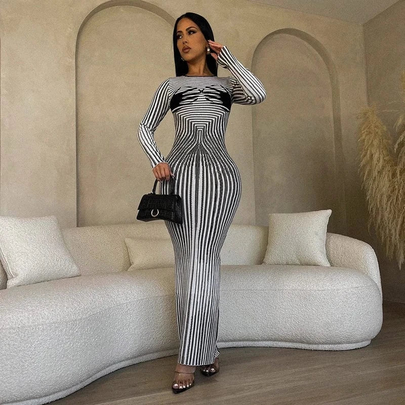 Bomblook R23DS122 2024 Spring Printed Elegant Date Outfits Slit Women's Dresses Midi Striped Vintage Dress
