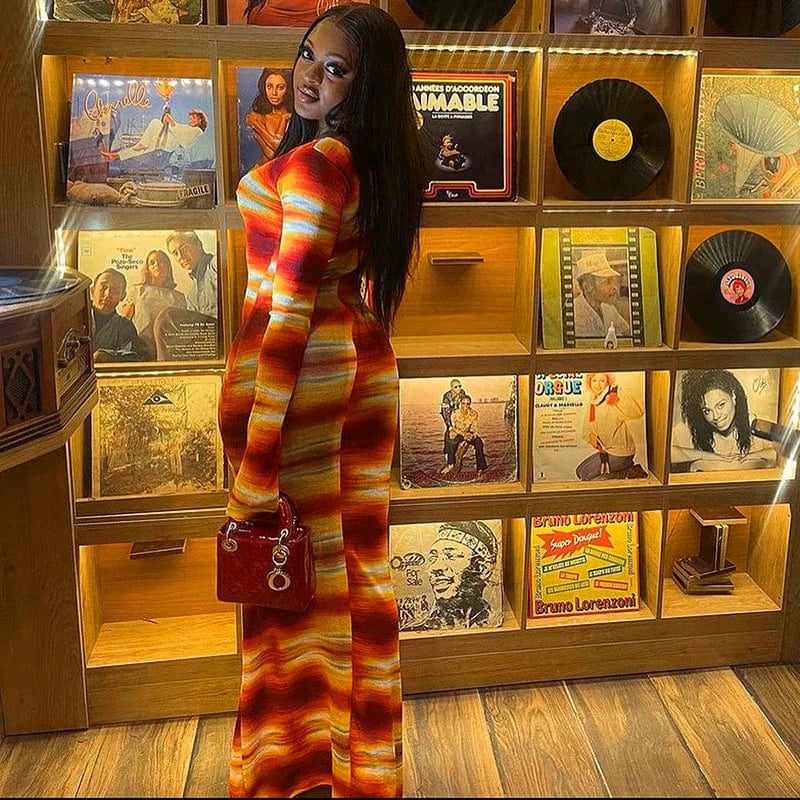 Bomblook R23DS255 Color Blocking Outfits Maxi Dress Ladies Woman Print Dress Spring 2024 Long Sleeve Vacation Dresses