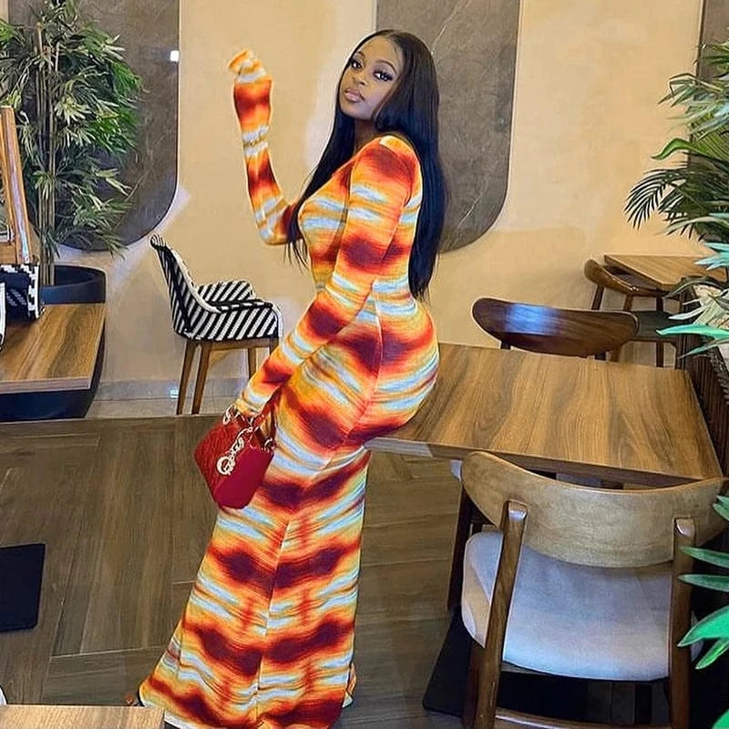 Bomblook R23DS255 Color Blocking Outfits Maxi Dress Ladies Woman Print Dress Spring 2024 Long Sleeve Vacation Dresses