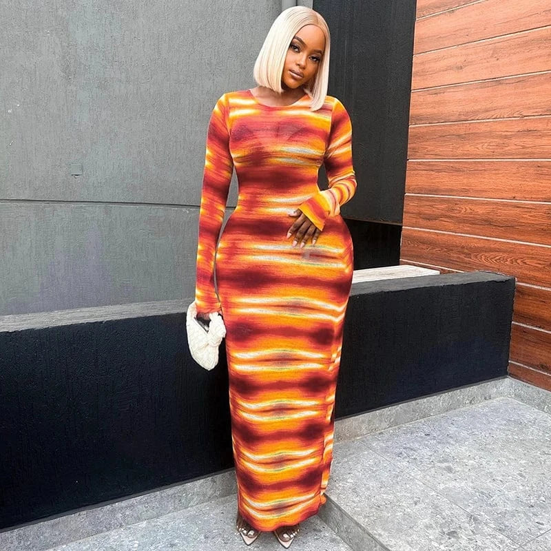 Bomblook R23DS255 Color Blocking Outfits Maxi Dress Ladies Woman Print Dress Spring 2024 Long Sleeve Vacation Dresses