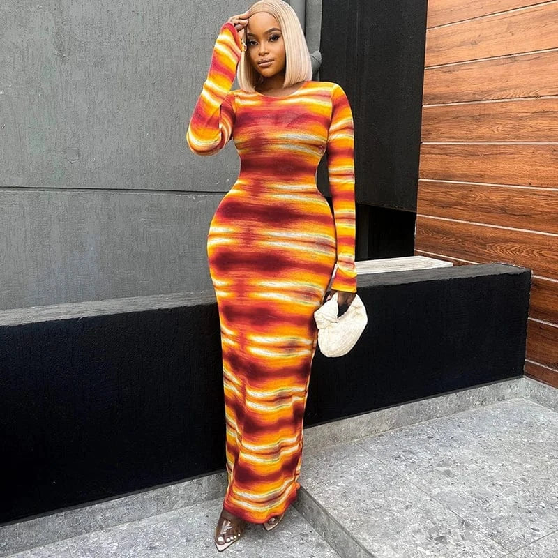 Bomblook R23DS255 Color Blocking Outfits Maxi Dress Ladies Woman Print Dress Spring 2024 Long Sleeve Vacation Dresses