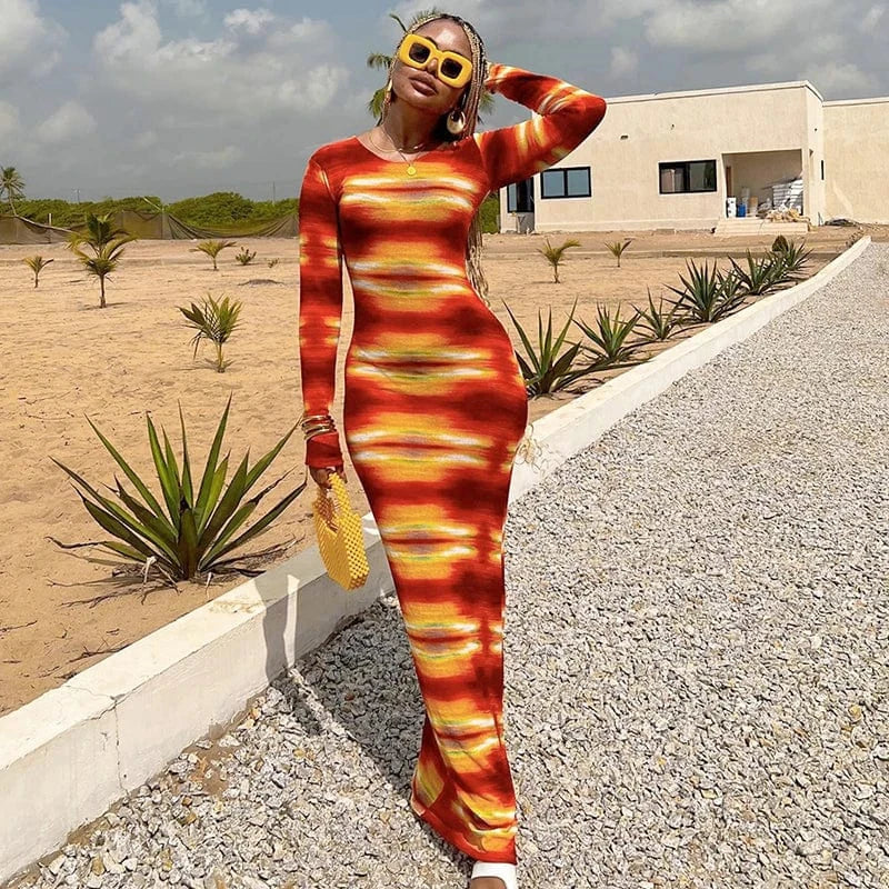 Bomblook R23DS255 Color Blocking Outfits Maxi Dress Ladies Woman Print Dress Spring 2024 Long Sleeve Vacation Dresses