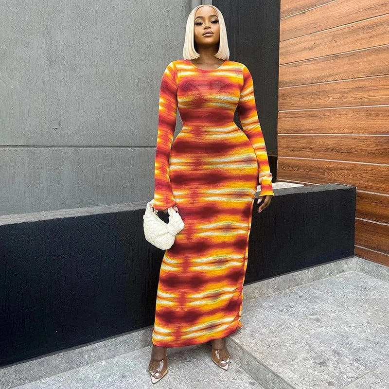 Bomblook R23DS255 Color Blocking Outfits Maxi Dress Ladies Woman Print Dress Spring 2024 Long Sleeve Vacation Dresses